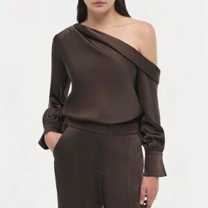 Jonathan Simkhai Alice Top Brown chocolate Blouse off shoulder $295 Revolve M